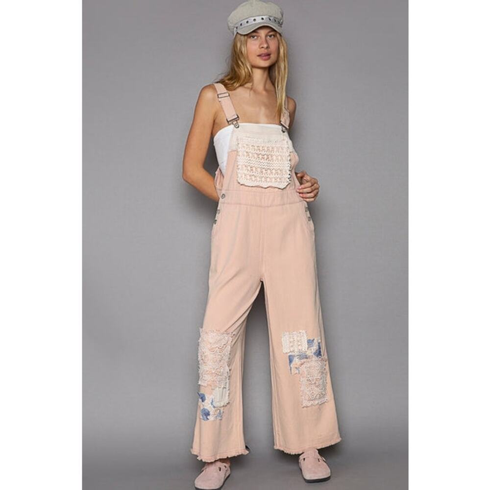 POL Salmon Pink Size Medium Crochet Patchwork Detail Casual Denim Overalls - Picture 4 of 4